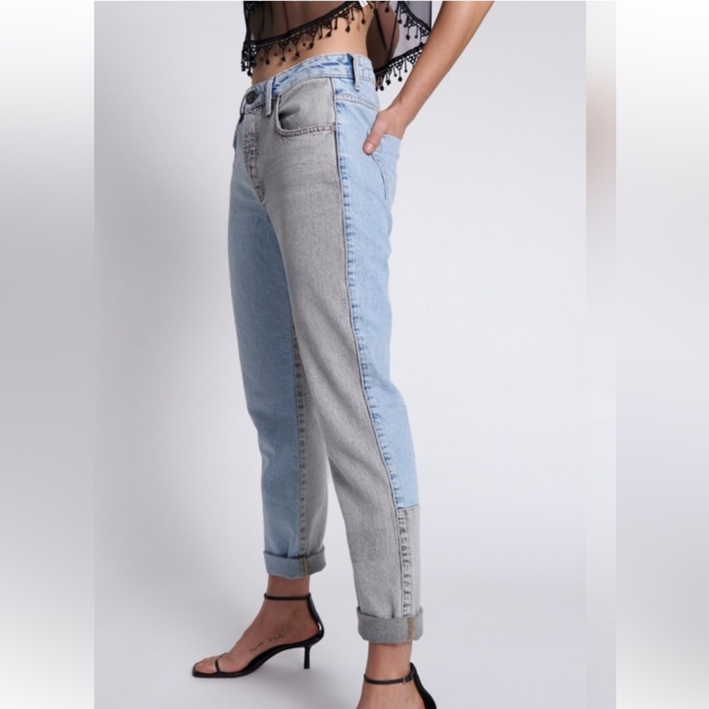 One Teaspoon Mid Rise Two Tone Trucker Mismatched Gray Blue Jeans